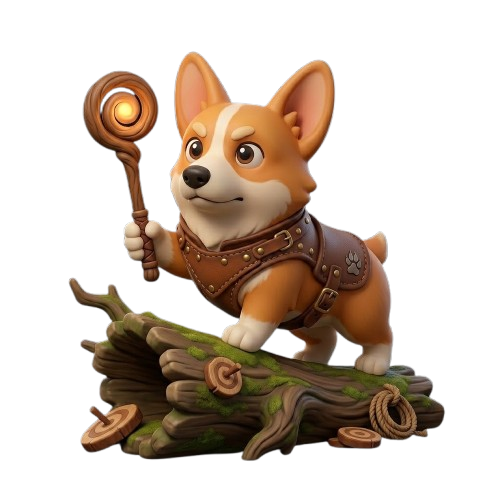 A brave corgi adventurer holding a magical staff
